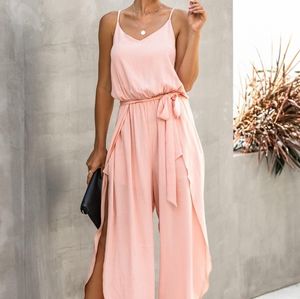 Summer fashion V-neck Strap wide leg sides split